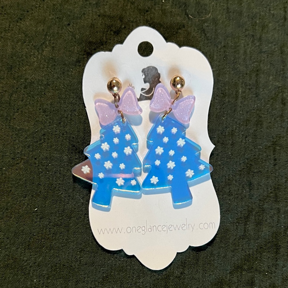 Blue and Pink Christmas Tree Earrings